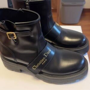 Christian Dior Black Leather Boots with Gold Buckle